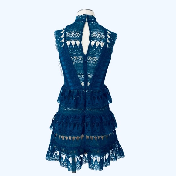 Self-Portrait Teardrop Guipure Tiered Lace Turquoise Teal BOHO Embroidery Dress - Picture 3 of 16